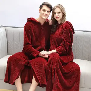 Dames Lange Jacquard Fleece Badjas Cutting Patroon Fleece Paar Pyjama Gewaad Flanellen Dames Lange Nachtjapon