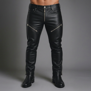 Pantalones de Motociclista Negros de Cuero Genuino para Hombre, Marca Saleh Enterprises, Corte Ajustado, Estilo Vintage, Resistentes al Viento, Ecológicos, con Cierre Diagonal - Product Image 1
