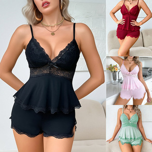 2026 2PCS Lace Suspender Short Underwear Female Pajamas Soft Breathable Moisture Wicking Summer Loungewear Casual Slim Nightwear - Product Image 2