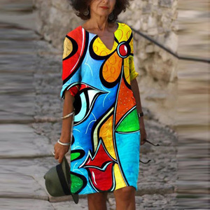 Vestido de longitud media con estampado y cuello en V, transpirable, informal, vintage, para uso diario, para mujer - Product Image 4