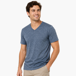T-Shirt Premium da <span class=keywords><strong>Uomo</strong></span> 100% <span class=keywords><strong>Lana</strong></span> Merino con Scollo a V, Manica Corta, Blu Mélange, Sostenibile, Traspirante, Lussuosa, Casual, Maglietta Sportiva - Product Image 2