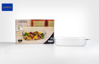 Loyang Panggang Gaya Baru Bentuk Oval Kaca Borosilikat dengan Pegangan Desain Volume Besar Tahan Panas Dapat Digunakan di Microwave Aman untuk Oven