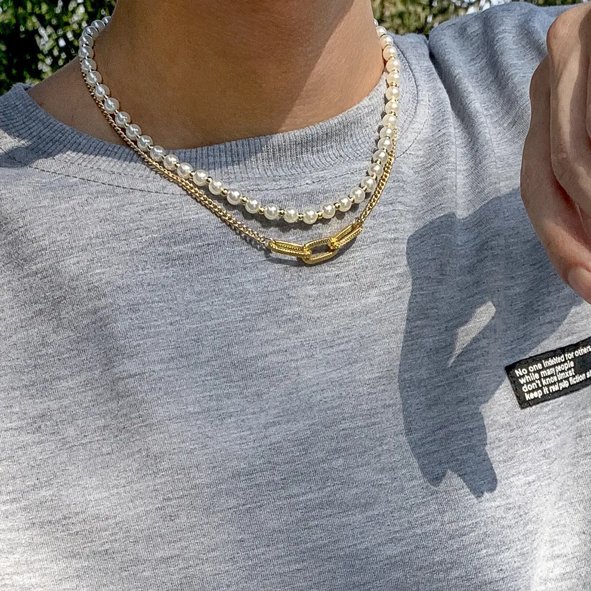 Hip Hop Style Chain Statement girocollo gioielli regalo Design geometrico creativo collana di perle d'imitazione a doppio strato per uomo donna