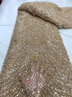 Tissu en dentelle de tulle tricoté en polyester/coton, motif éventail de paon, perles à bulles, broderie de paillettes, maille scintillante, Nigeria Ghana