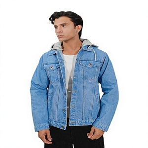 Men's <b>Light</b> Blue Denim Jacket Hood Embroidered Regular Fit Button Closure Stonewashed Cotton Casual High Street Autumn Style - Product Image 1