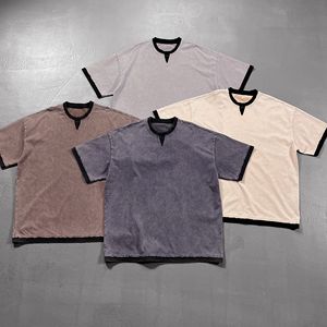 Camiseta de algodón puro lavada de dos piezas con capas de colores contrastantes de 250g/m² - Product Image 1