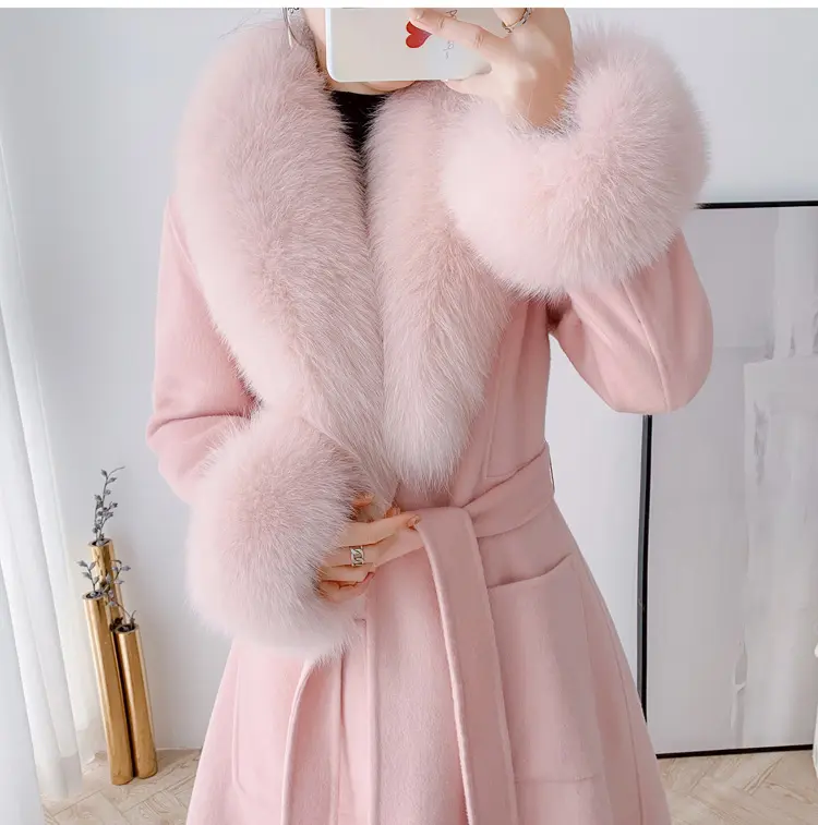 Fashion Lady Wool Coat Real Fox Fur Cuff Winter Spring Custom Ladies Pink Cashmere Fur Coat