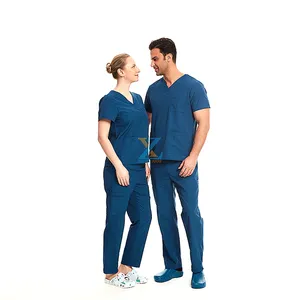 Unisex Scrubs Uniform Sets Nurse Doctor Wear Short Sleeve T Shirt Multi Pocket Pants 100% Cotton