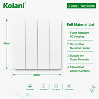 Interruptor de Luz de Pared Kolani Estándar Británico de 4 Botones y 1 Vía, 10AX 250V, 90x86mm, Blanco Brillante, PC, Interruptor de Control de Luz de Cuatro Botones