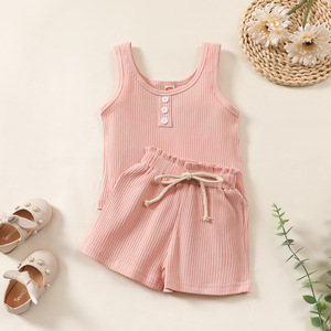 Conjunto de Ropa para Recién Nacido, Camiseta sin Mangas con Botones de Algodón Sólido + Pantalones Cortos Holgados, Conjunto de Ropa de Verano de 2 Piezas para Bebés y Niñas - Product Image 6