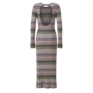 2026 Lady Designed <strong>Wavy</strong> <strong>Pattern</strong> Long Sleeve Women Knit Slim Fitted Sexy Backless Colorblock Maxi Dress - Product Image 2