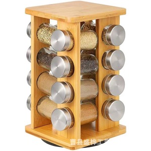 Wooden <b>Spice</b> <b>Rack</b> <b>Rotating</b> Desktop Organizer For Kitchen Storage With 12 Glass Jars And Metal Lids - Product Image 1