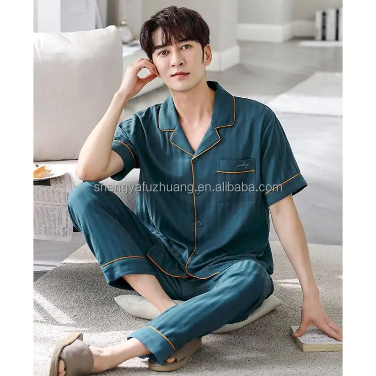 Button up 100% silk 2pcs Set Shirt Mens silk Pyjamas Plus Size Men Night Wear Men's Pajamas Night Suit 7-15 Days