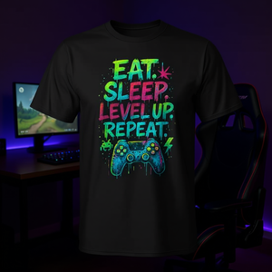 Camiseta para hombre negra con diseño de videojuego Eat Sleep Level Up Repeat Gamer - Product Image 3