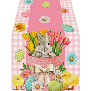 Caminos de Mesa de Lino con Diseño Personalizado de Conejitos de Pascua y Flores, 13x72 Pulgadas, para Decoración de Mesas de Comedor en Hoteles y Hogares - Product Image 1