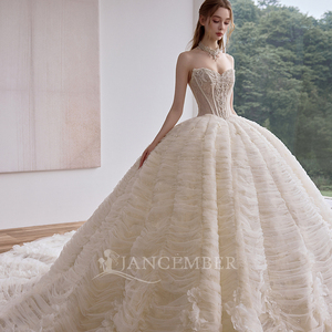Lsgz13 Gorgeous Champagne Sweetheart Lace Corset <b>Tiered</b> Ruffle Cloud Ball Gown <b>Wedding</b> <b>Dress</b> Cathedral Train Jancemebr - Product Image 4
