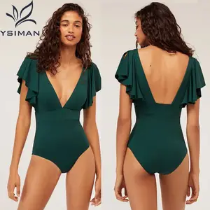 Women lotus leaf short sleeve swimsuit ruffle one piece swimsuit Deep V neck swimwear green monokini beachwear 2020