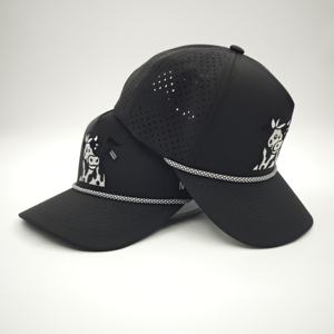 Casquettes de baseball ajustables professionnelles personnalisées à 5 panneaux pour adultes en polyester/coton structuré avec sangle en plastique motif léopard/à pois et étiquette tissée - Product Image 1