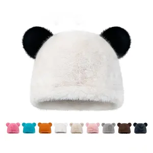 2023 new black white cute bear winter hat custom winter bear beanie fur beanie