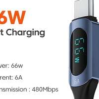 Kabel Data Pengisian Cepat 66W 6A Tipe C dengan Layar LED, Jalinan Nilon untuk Ponsel dan Tablet