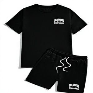 Men's Black Cotton T-Shirt <b>Set</b> With Shorts Los Angeles California Print Casual Summer Breathable <b>Knitted</b> Crew Neck - Product Image 1