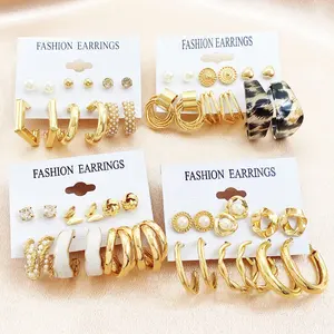 customize Trendy Gold Metal Earring Women Fashion Geometric Pearl Circle hoop Earrings Trend Set Fashion jewelry stud earrings