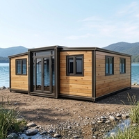 Maison conteneur extensible en panneaux de bois, double aile, entrée vitrée, cabane de lac, structure en acier, maison de vacances, vente en gros OEM