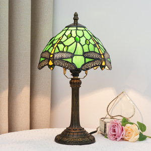 American Country Tifany <strong>Stained</strong> <strong>Glass</strong> Desk <strong>Lamp</strong> Green Dragonfly Design Dome <strong>Shade</strong> E26 Farmhouse LED Bedroom Bedside Room Use - Product Image 1