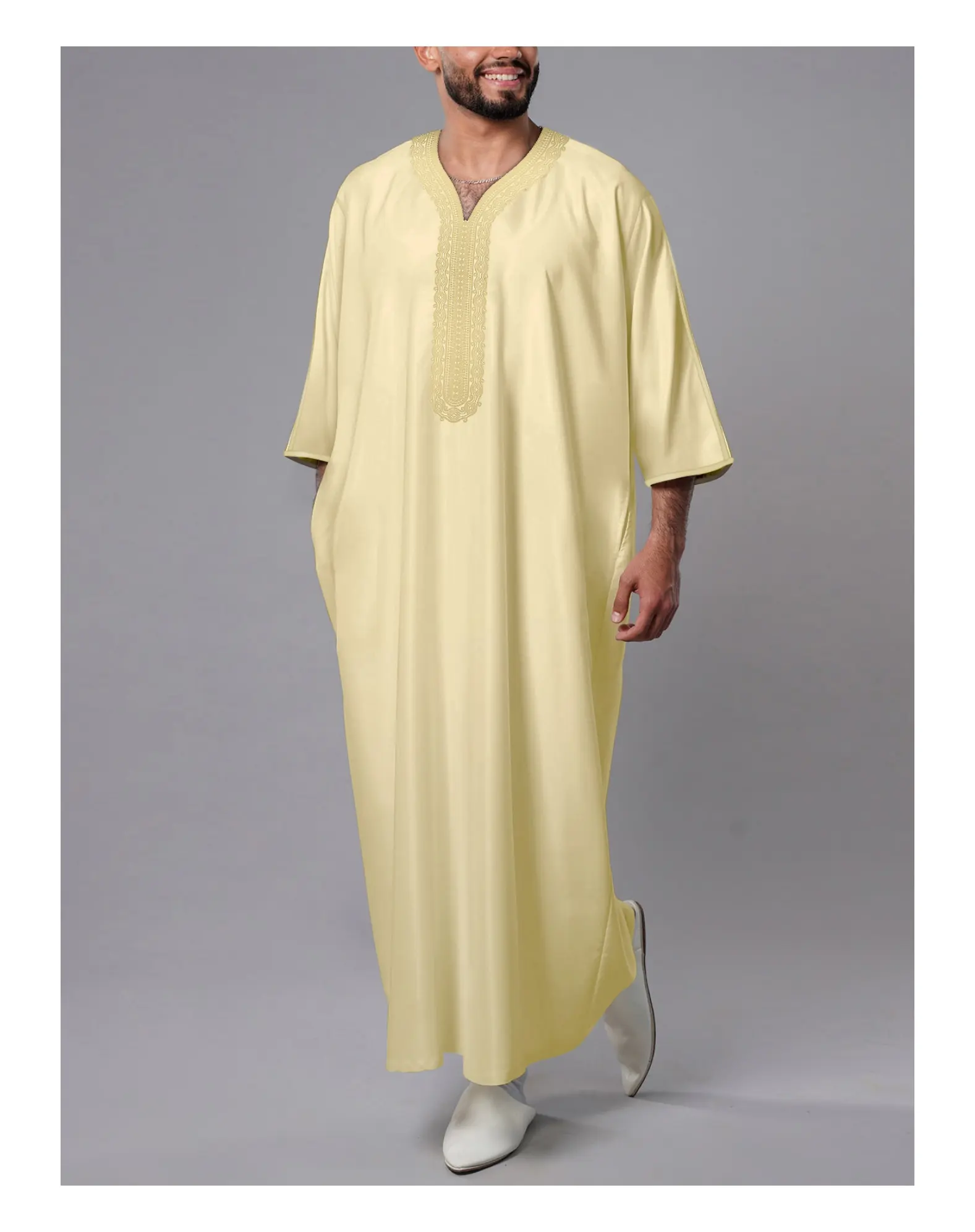 2024 geleneksel erkekler jalabiyas moda erkekler etnik tarzı gömlek ramazan kıyafeti fas Robe çizgili islam uzun Thobe