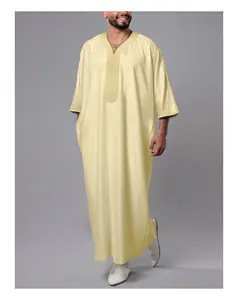 قميص رجالي تقليدي 2024 جلباب عصري رجالي على الطراز الإثني قمصان رمضان ثوب مغربي ثوب إسلامي طويل مخطط