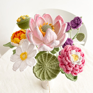 Ramo de Flores Artificiales Tejidas a Mano, Loto, Peonía, <span class=keywords><strong>Hortensia</strong></span>, Decoración para el Hogar y Escritorio, Flor Preservada, Flor de Crochet - Product Image 1