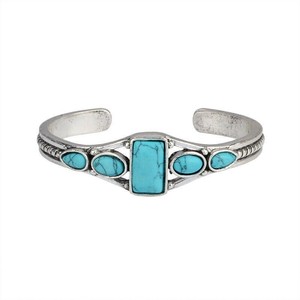 Bracelet manchette rétro pour femme, en argent tibétain, avec incrustation carrée en fausse turquoise en forme de goutte, bijou cadeau - Product Image 5