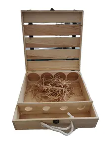 Kotak hadiah botol anggur pengatur kayu alam yang belum selesai dengan kunci logam kotak paket botol anggur kerajinan kayu untuk acara