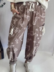 Western Cowboy Boot Cactus Print Jogger Harem Pants <strong>Women</strong> Drawstring Waist <strong>Cargo</strong> Pocket <strong>Cuffed</strong> Trousers Casual Wear - Product Image 1