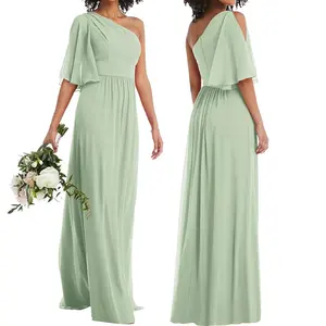 2022 wholesale Women's elegant evening one-shoulder bell sleeve chiffon party long summer bridesmaid dresses