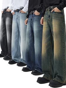 Jeans Anchos Vintage Estampados al por Mayor para Hombre, Estilo Urbano Personalizado, con Efecto Desgastado por el Sol - Product Image 1