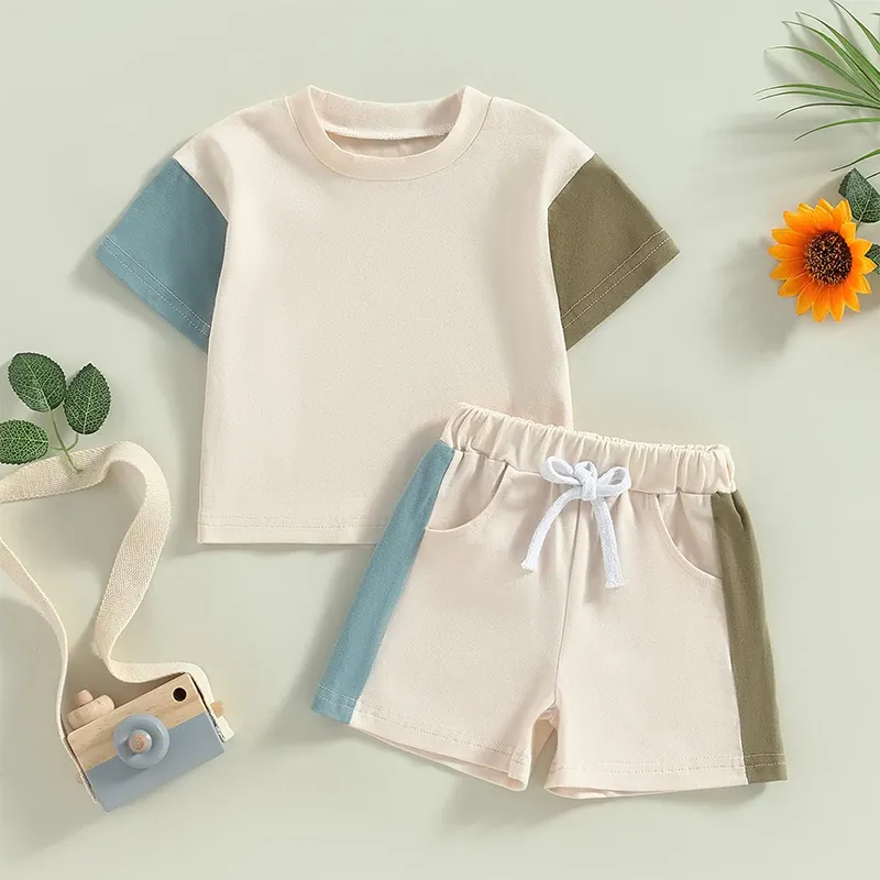 Camiseta infantil de algodão orgânico com shorts, conjunto personalizado de roupas para meninos, roupas de bebê, camisetas de verão para crianças, shorts e roupas