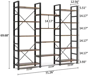 Scaffali in stile industriale tripla ampia libreria in legno a 5 ripiani aperta