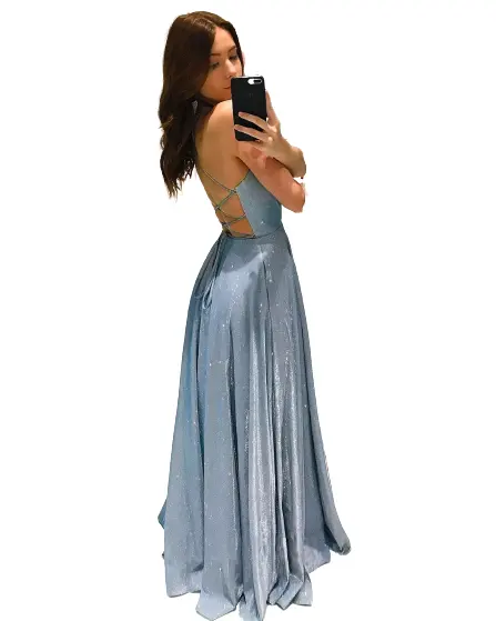 Sexy Sling Backless Wedding Sparkly Dress Blue Fairy Prom Dress Long Bridesmaid Dress