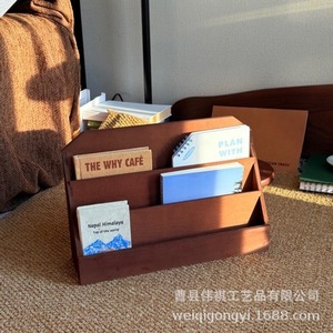 Handmade Wooden <b>Desktop</b> Bookshelf Journal <b>Shelf</b> Coffee Brown Rectangle Standing Type Office Organizer For Notebook Diary Storage - Product Image 2