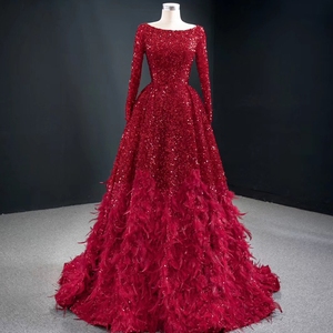 ClassicalParty Dress With <strong>Red</strong> <strong>Sequins</strong> Long Sleeve Feather Bead A-Line Lady Evening Dress 2022 - Product Image 2