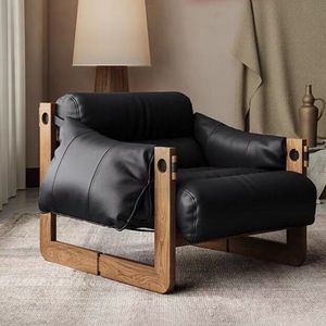 Fauteuil en cuir de style rétro italien, cuir ciré à l'huile, fauteuil simple pour salon, rembourrage en mousse - Product Image 3