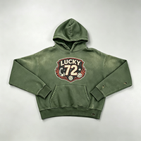 Sweat à capuche vert délavé style vintage, effet usé, streetwear, avec motif LUCKY 72, pour homme et unisexe, lot en gros
