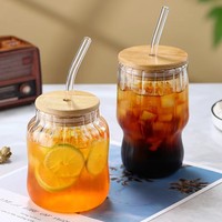 Vaso de Vidrio de Borosilicato Alto Acanalado de 450ml con Tapa de Bambú y Pajita, Taza para Café Helado con Asa o sin Asa