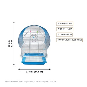 Petite cage à oiseaux avec toit arqué, cage à oiseaux en fil métallique bleu avec barre de perchoir, deux mangeoires transparentes et des clochettes suspendues pour perruches et canaris - Product Image 2