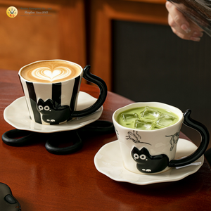 Ensemble tasse et soucoupe à café en céramique 3D en relief motif <span class=keywords><strong>chat</strong></span>, bord ondulé festonné, motif floral, écologique, poignée incurvée brillante, pour café - Product Image 2