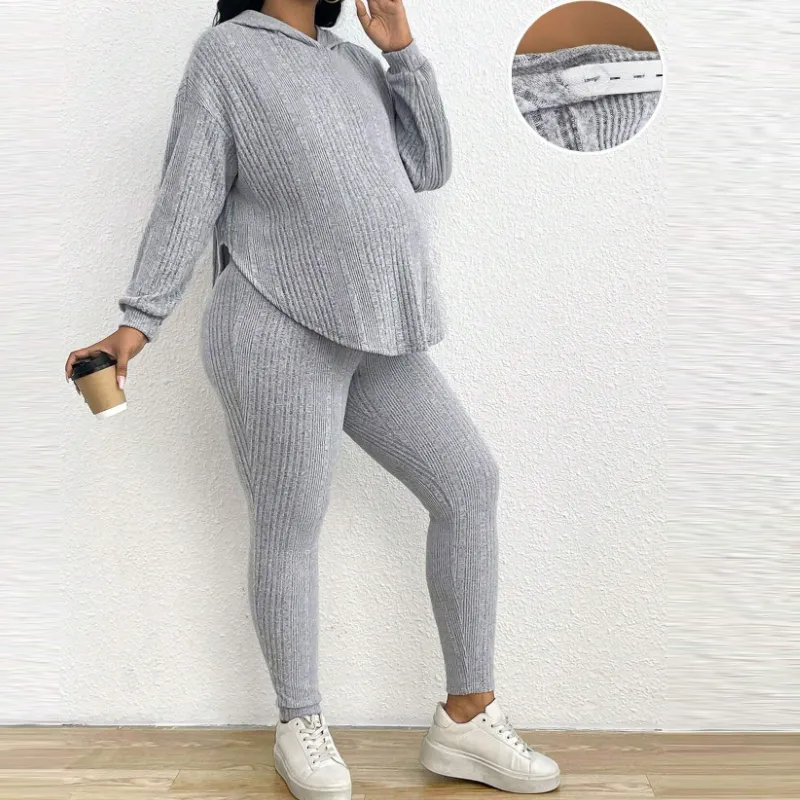 Vêtements de maternité personnalisés de haute qualité pour femmes sweat à capuche côtelé ample ensemble de leggings de grossesse à taille réglable