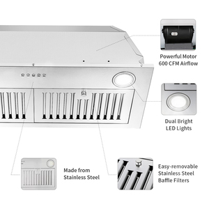 <strong>Range</strong> <strong>Hood</strong> <strong>Insert</strong> 30inch,Stainless Steel Kitchen <strong>Vent</strong> <strong>Hood</strong> 600CFM,Built-in Kitchen Stove <strong>Hood</strong> W/Front Button Controls,LED Lights - Product Image 2