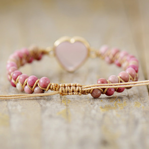 Heart-Shaped Double-Layer Rose Quartz Hand-Woven <b>Adjustable</b> <b>Bracelet</b> Gift Jewelry - Product Image 5