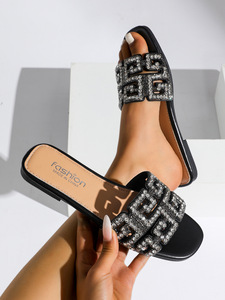Women One Strap Rhinestone Flat Slippers Summer Casual Beach <b>Slides</b> <b>Large</b> Size Fashion Outdoor Sandals - Product Image 5